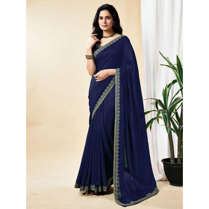 Shivtextiles Women's Vichitra Silk Solid Saree(Sat-574-Blue)