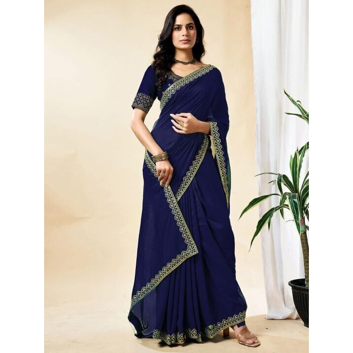 Shivtextiles Women's Vichitra Silk Solid Saree(Sat-574-Blue)