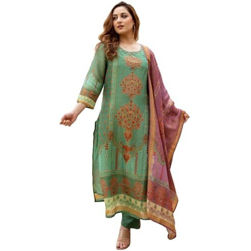 Anni Designer Women's Rayon Viscose Straight Printed Kurta With Pant & Dupatta (Champika Pista-Vks01_Xl_Green_X-Large)
