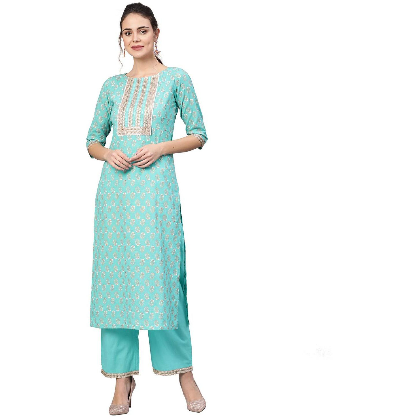 Idalia Rama Green Gold Print Kurta With Palazzo Pants