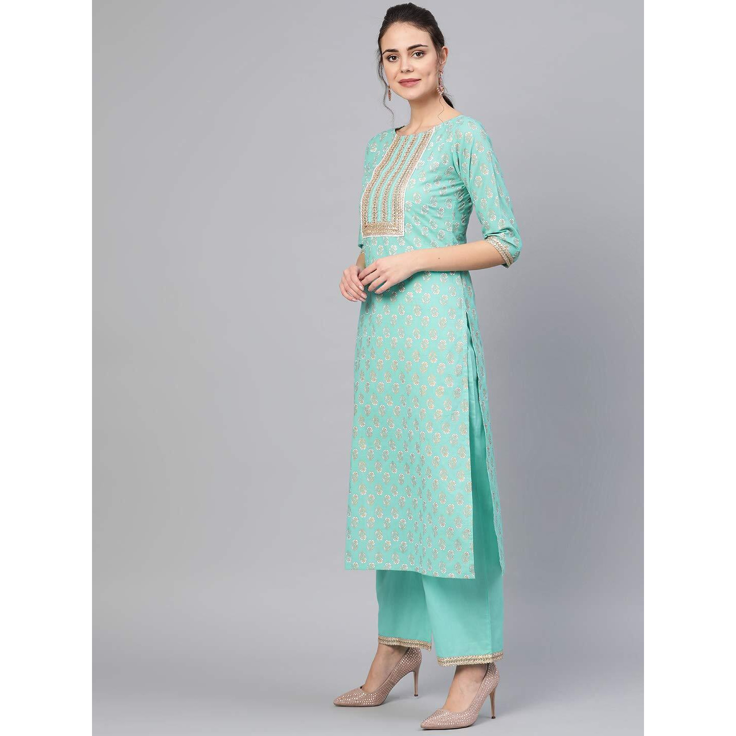 Idalia Rama Green Gold Print Kurta With Palazzo Pants