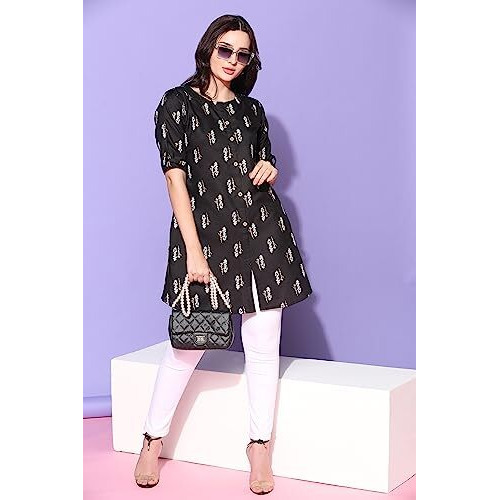 Greciilooks Women Cotton Blend Casual Regular Fit Kurti (Black, Xxx-Large)