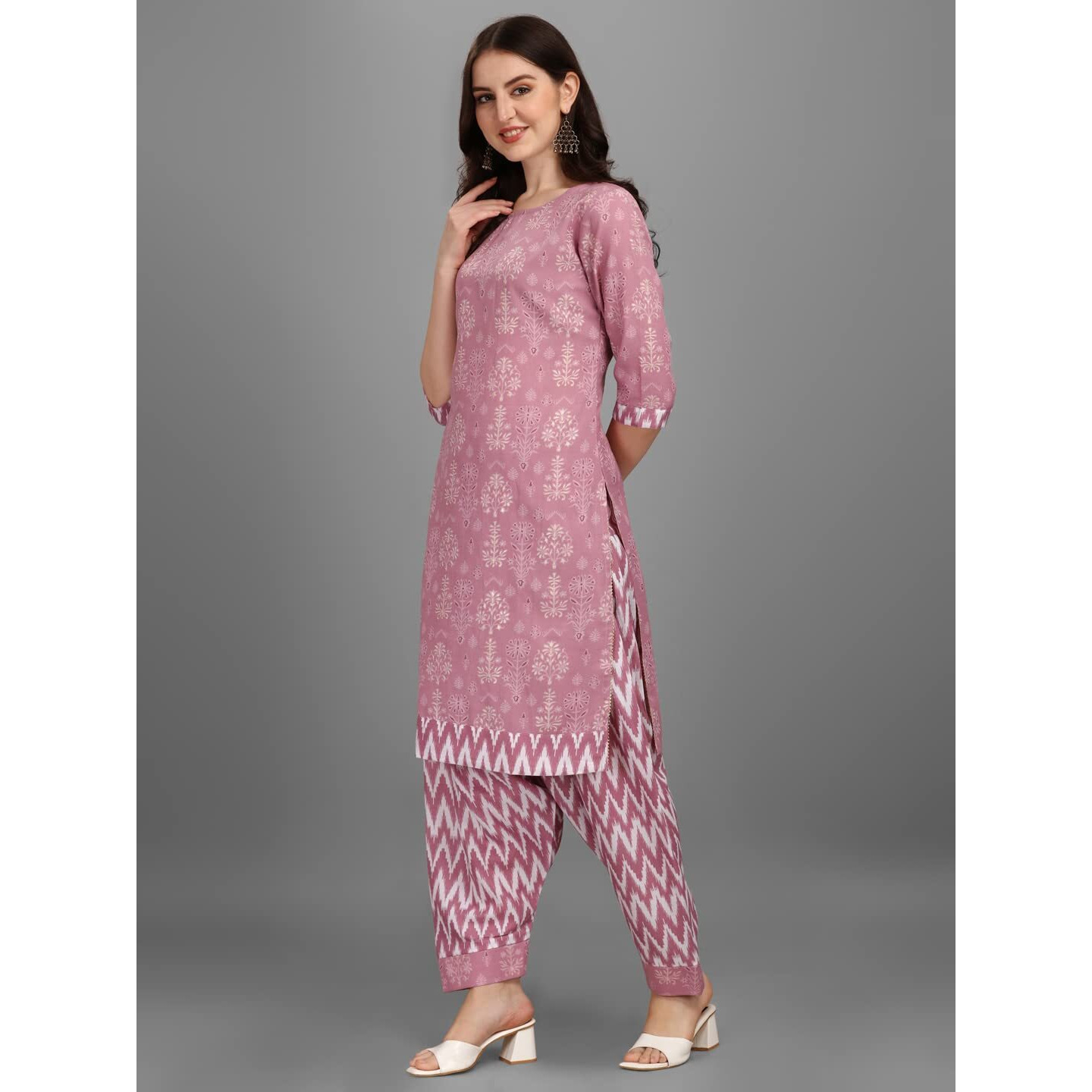 Gufrina Women's Cotton Printed Straight Kurta & Salwar Suit/Pant Set For Girls (Light Purple) M