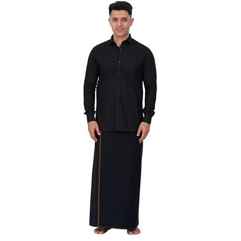Prakasam Cotton Mens Single Small Border (1.28X2.00 Mtrs) Black Dhoti + Readymade Full Sleeve Shirt