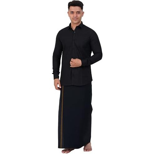 Prakasam Cotton Mens Single Small Border (1.28X2.00 Mtrs) Black Dhoti + Readymade Full Sleeve Shirt