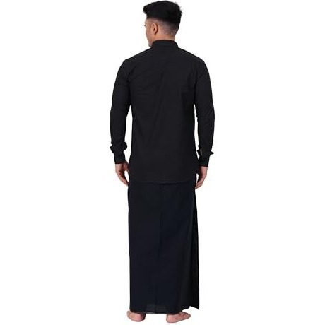 Prakasam Cotton Mens Single Small Border (1.28X2.00 Mtrs) Black Dhoti + Readymade Full Sleeve Shirt