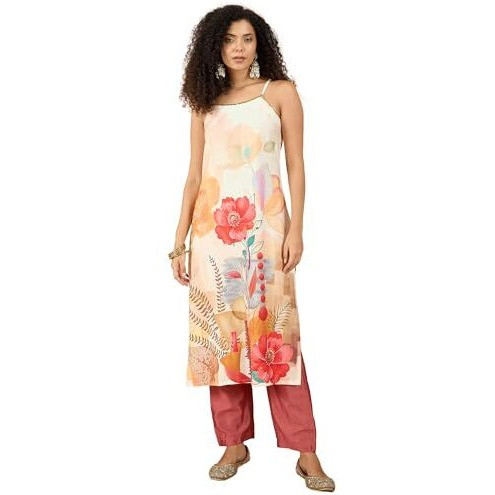 Varanga Women Spaghetti Strap Straight Floral Kurta With Trousers