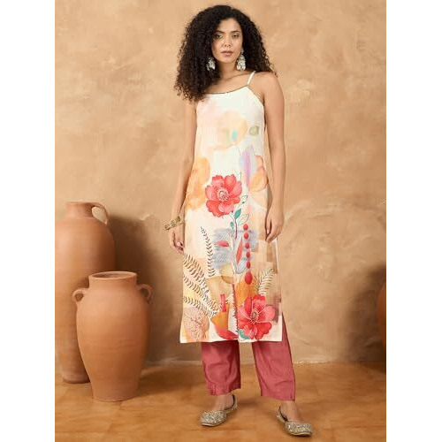 Varanga Women Spaghetti Strap Straight Floral Kurta With Trousers