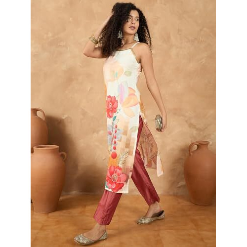 Varanga Women Spaghetti Strap Straight Floral Kurta With Trousers
