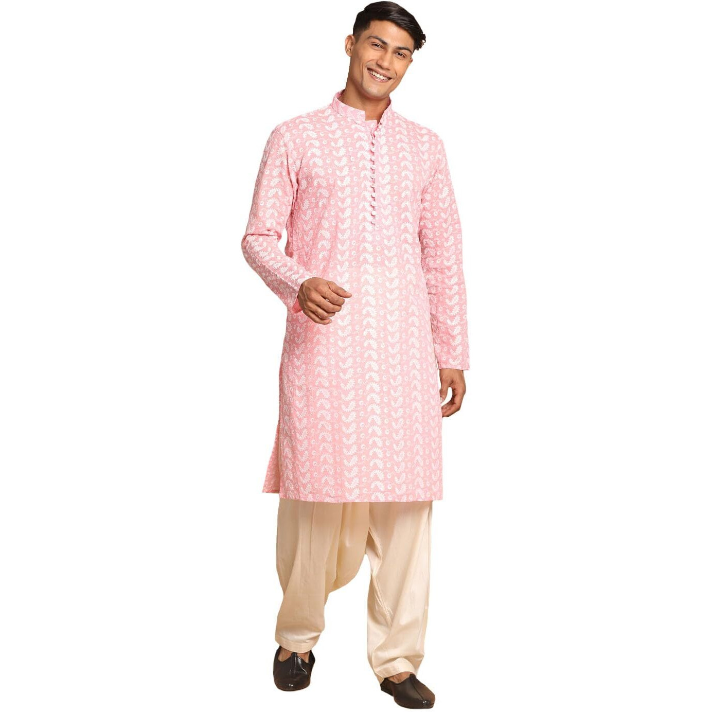 Vastramay Men's Pink And Cream Pure Cotton Kurta And Patiala Set_Vasmk094Pnnptycr_40