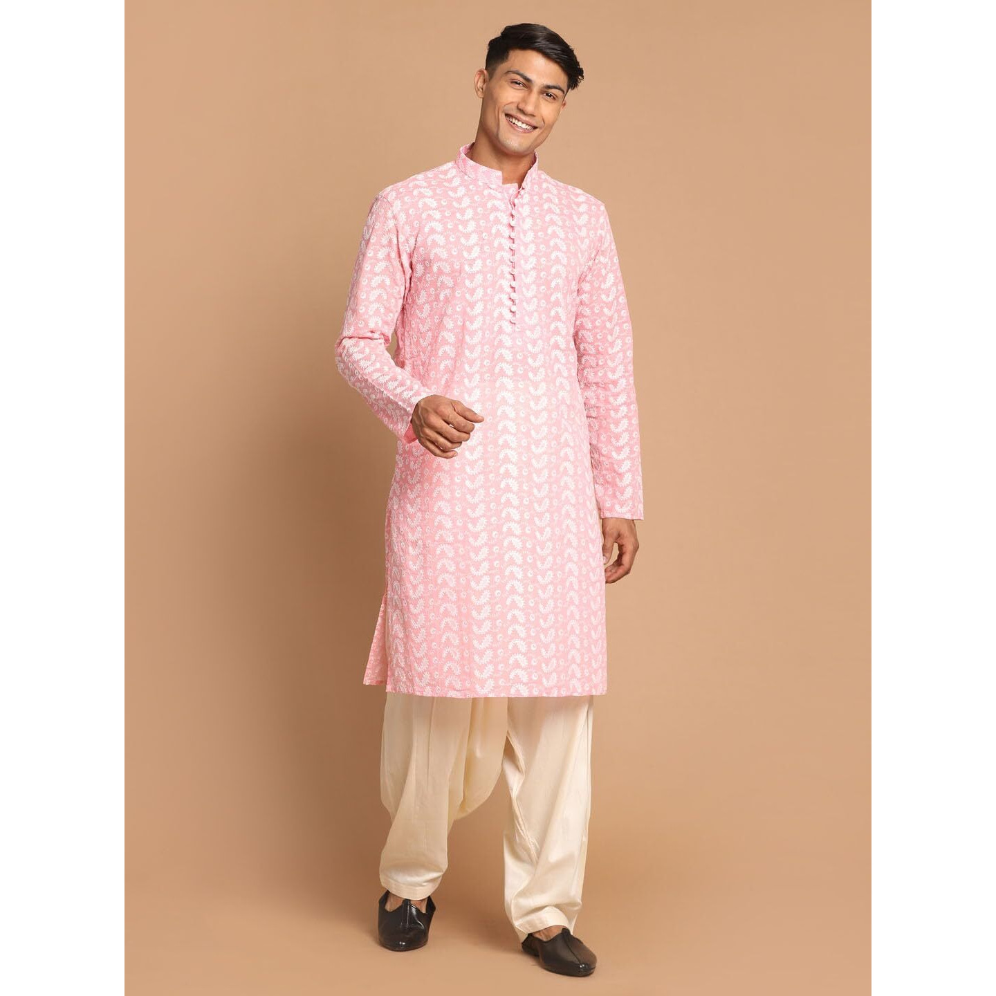 Vastramay Men's Pink And Cream Pure Cotton Kurta And Patiala Set_Vasmk094Pnnptycr_40