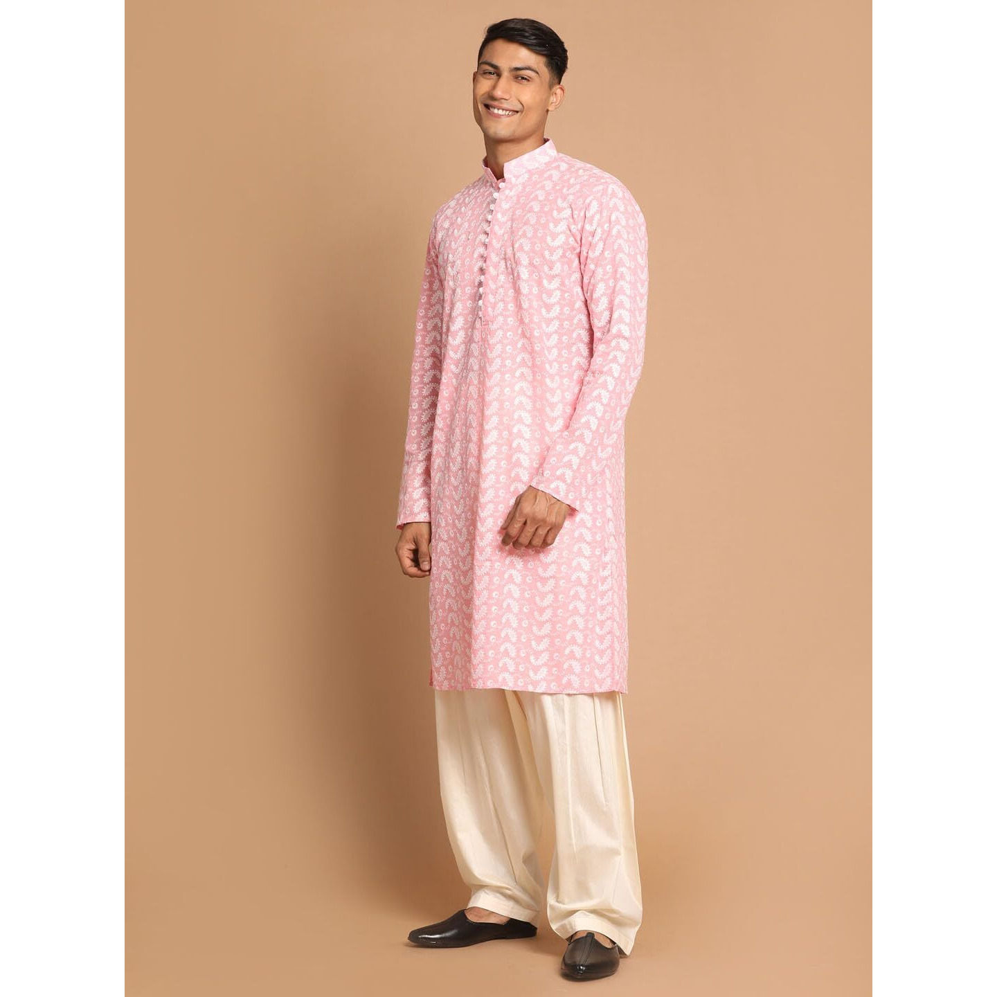 Vastramay Men's Pink And Cream Pure Cotton Kurta And Patiala Set_Vasmk094Pnnptycr_40