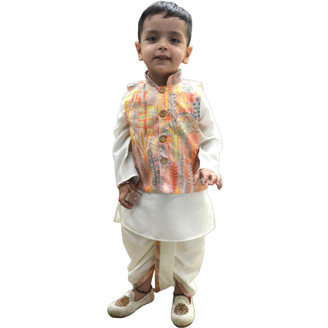 A.T.U.N. (All Things Uber Nice) Boys Off White Kurta Dhoti With Printed Nehru Jacket (3 Piece Set)
