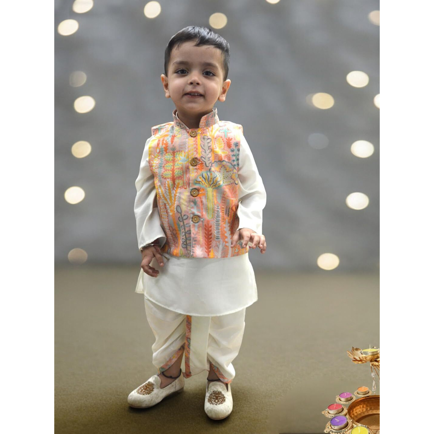 A.T.U.N. (All Things Uber Nice) Boys Off White Kurta Dhoti With Printed Nehru Jacket (3 Piece Set)