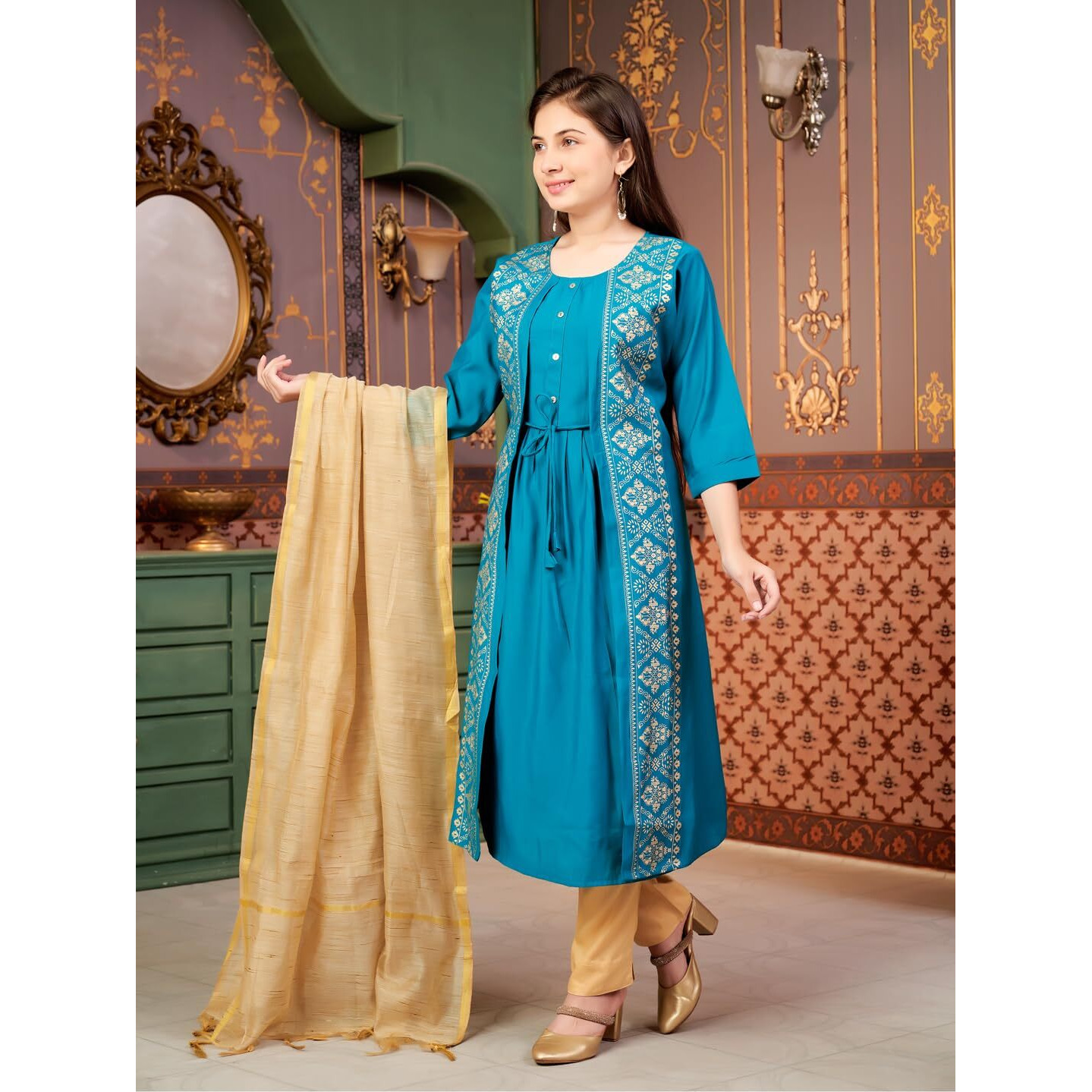 Aarika Girls Ethnic Wear Sea Green Colour Foil Print Silk Kurti-8-15 Years (Kurti-Sd-2933)