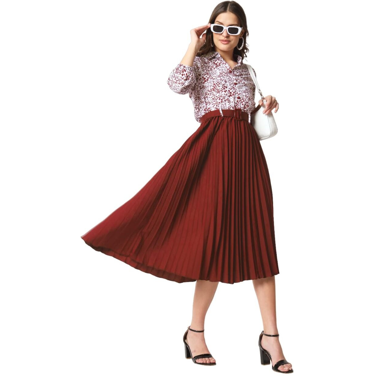 Kzully Women's Print 3/4 Sleeve Pleated Midi Dress With Belt Maroon