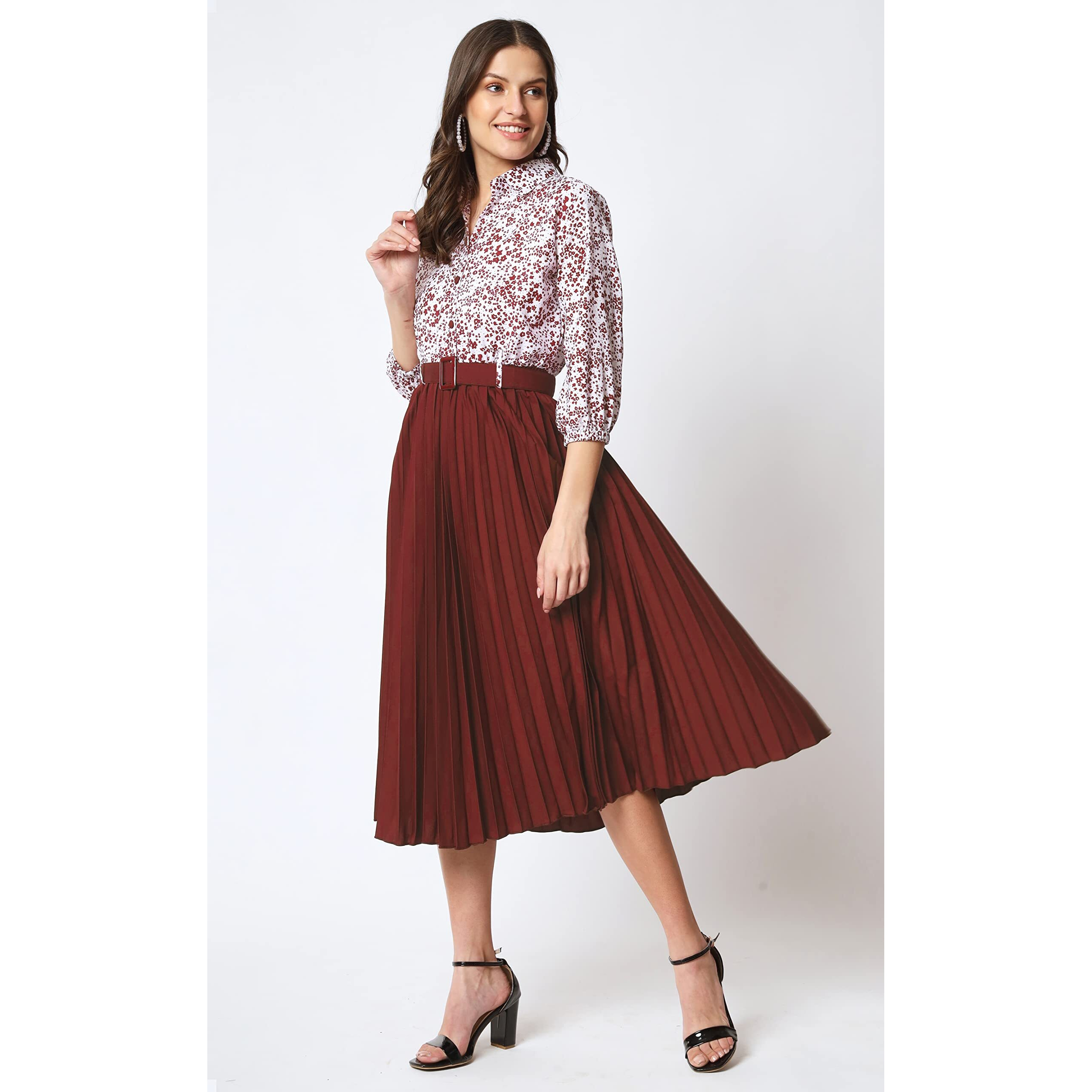 Kzully Women's Print 3/4 Sleeve Pleated Midi Dress With Belt Maroon