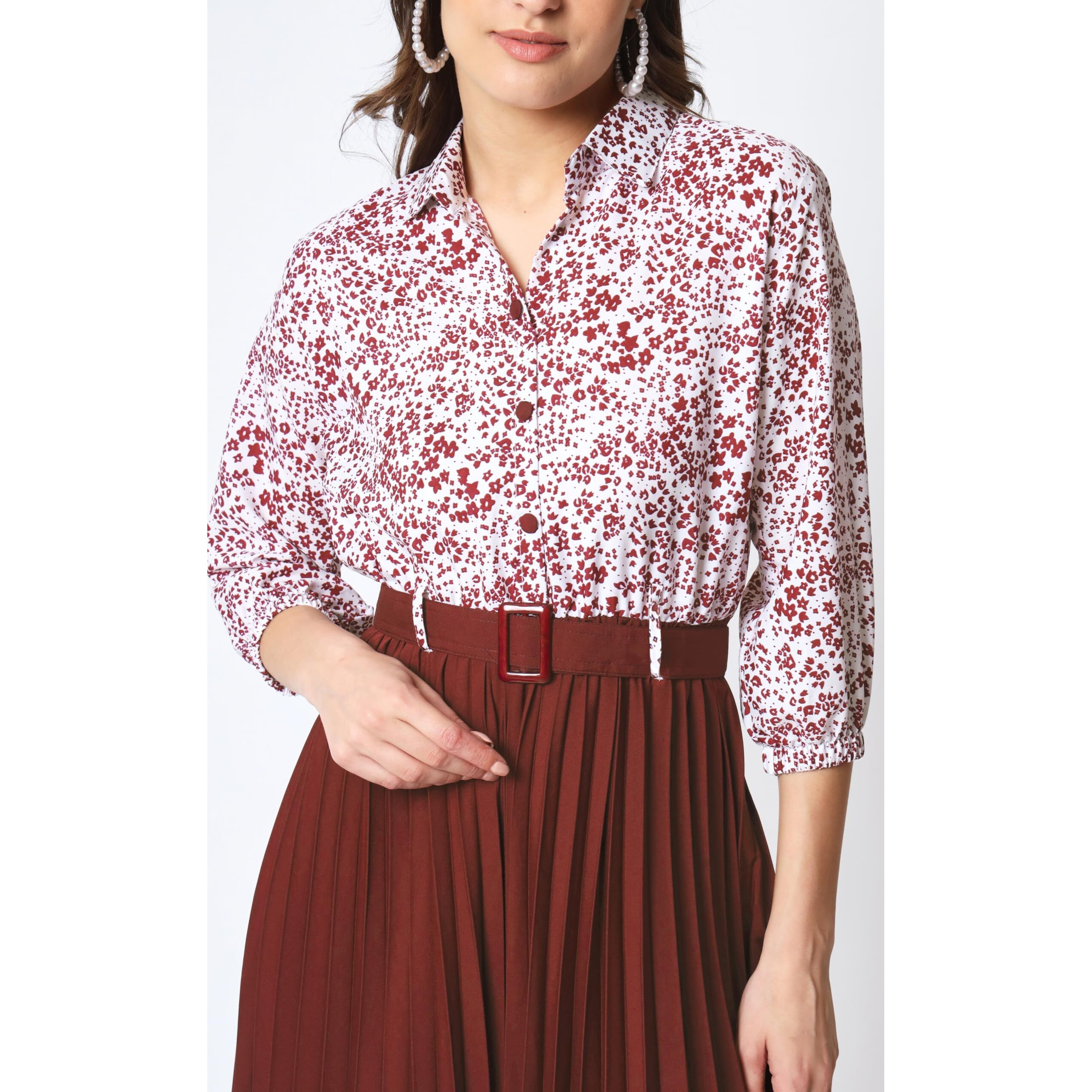 Kzully Women's Print 3/4 Sleeve Pleated Midi Dress With Belt Maroon