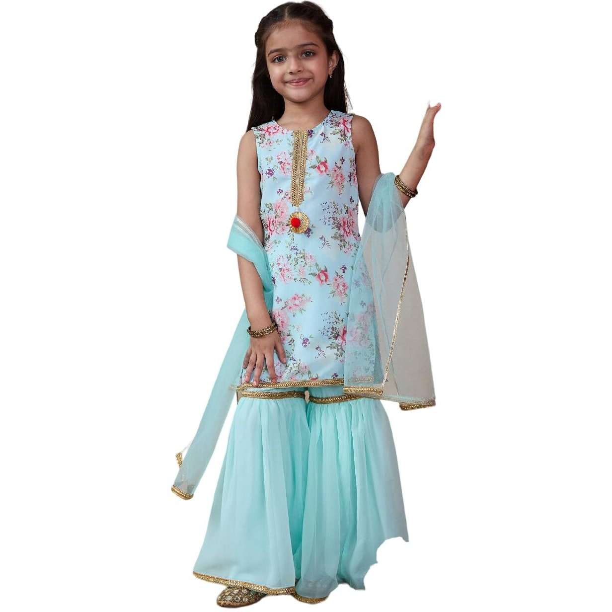 Pspeaches Girl's Georgette 1 Kurti, 1 Sharara, 1 Dupatta (Sha-Blueroseggt-8-10Y_Blue