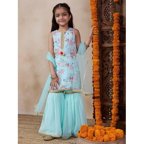 Pspeaches Girl's Georgette 1 Kurti, 1 Sharara, 1 Dupatta (Sha-Blueroseggt-8-10Y_Blue