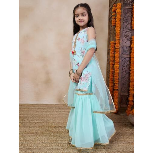 Pspeaches Girl's Georgette 1 Kurti, 1 Sharara, 1 Dupatta (Sha-Blueroseggt-8-10Y_Blue