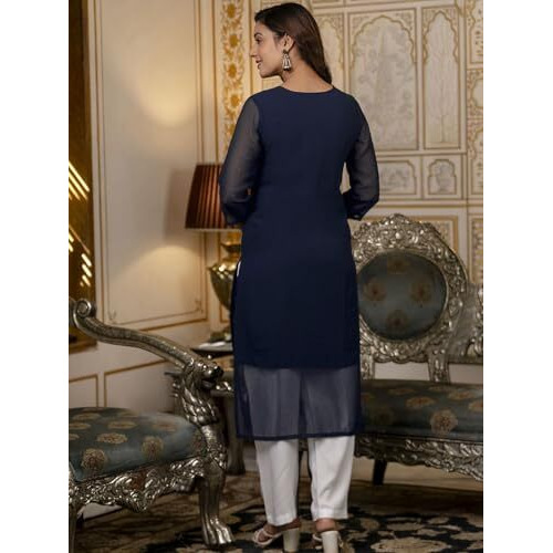 Sanisa Women's Georgette Chikankari Embroidery Straight Kurti (481K10052N-L_Navy Blue & White)