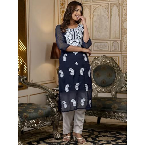 Sanisa Women's Georgette Chikankari Embroidery Straight Kurti (481K10052N-L_Navy Blue & White)