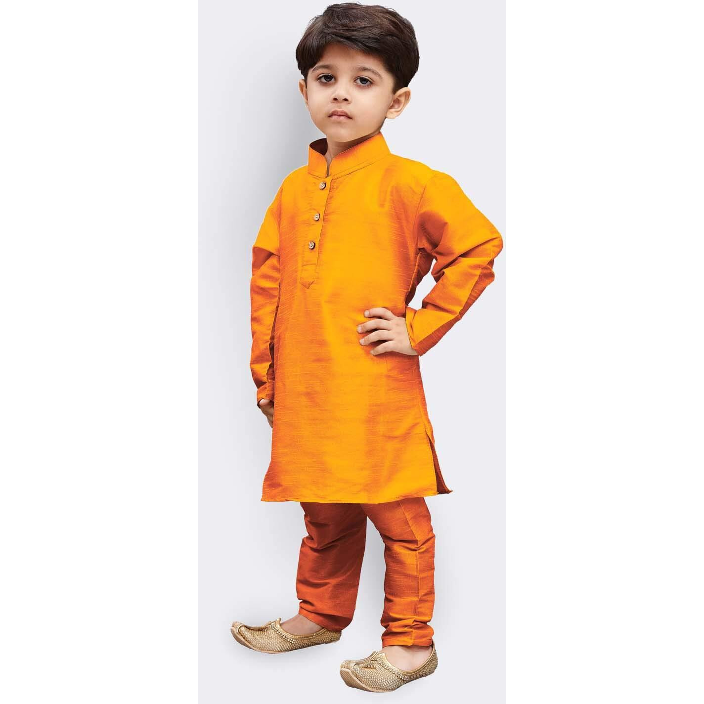 Jbn Creation Boys' Saffron Silk Blend Kurta And Pyjama Set