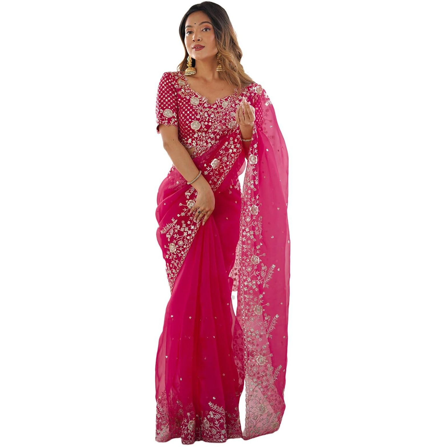 Satrani Women's Organza Sequin Embroidery Saree With Unstitched Blouse Piece (4472S117N_Pink)