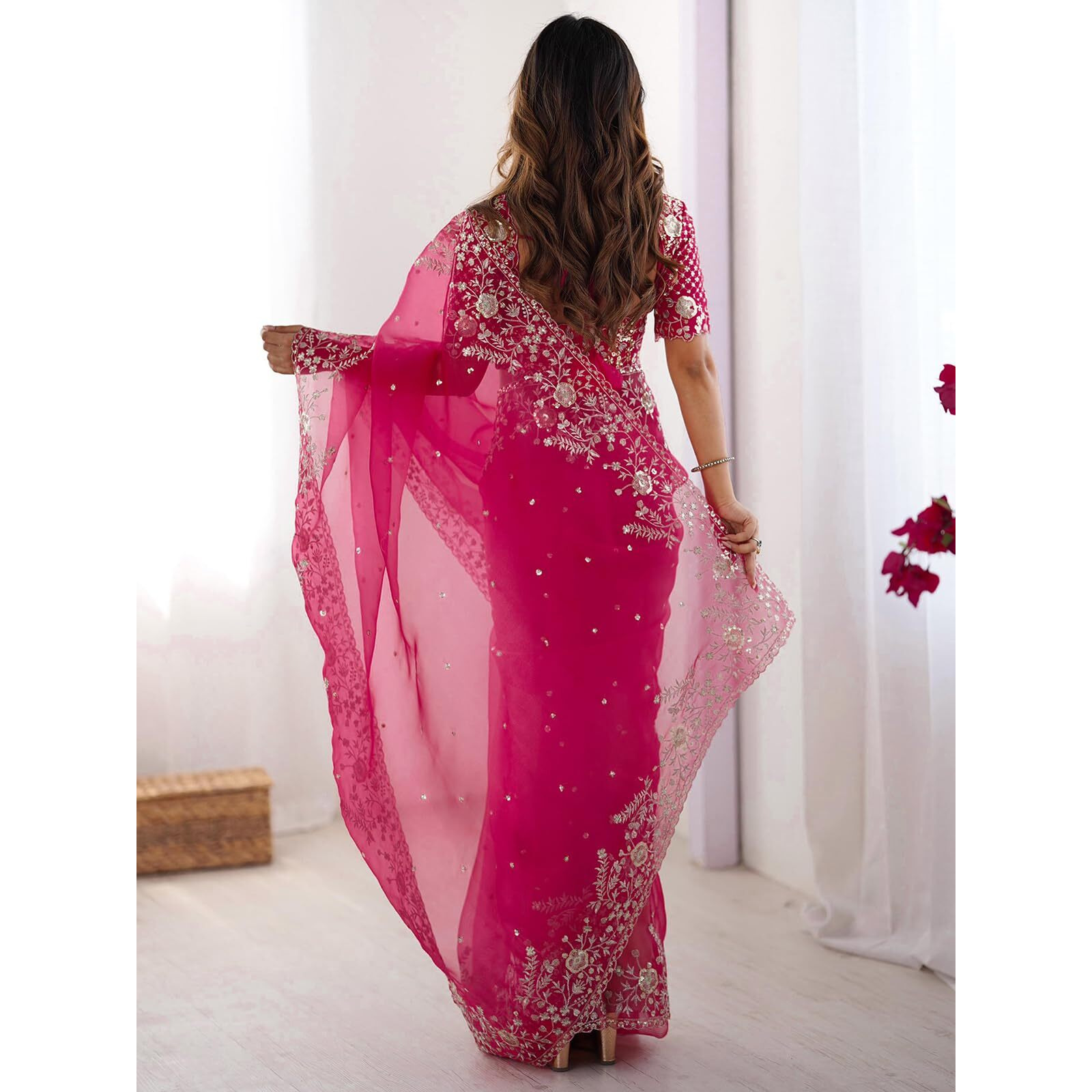 Satrani Women's Organza Sequin Embroidery Saree With Unstitched Blouse Piece (4472S117N_Pink)