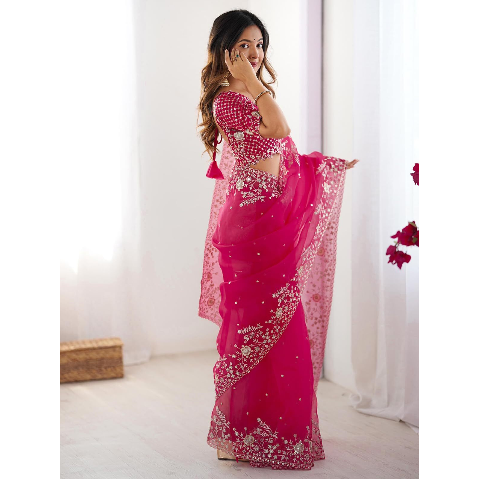 Satrani Women's Organza Sequin Embroidery Saree With Unstitched Blouse Piece (4472S117N_Pink)