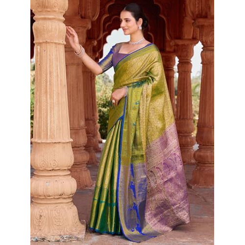 Satrani Women's Silk Dual Tone Weaving Banarasi Saree With Unstitched Blouse Piece (4277S6761N_Green)