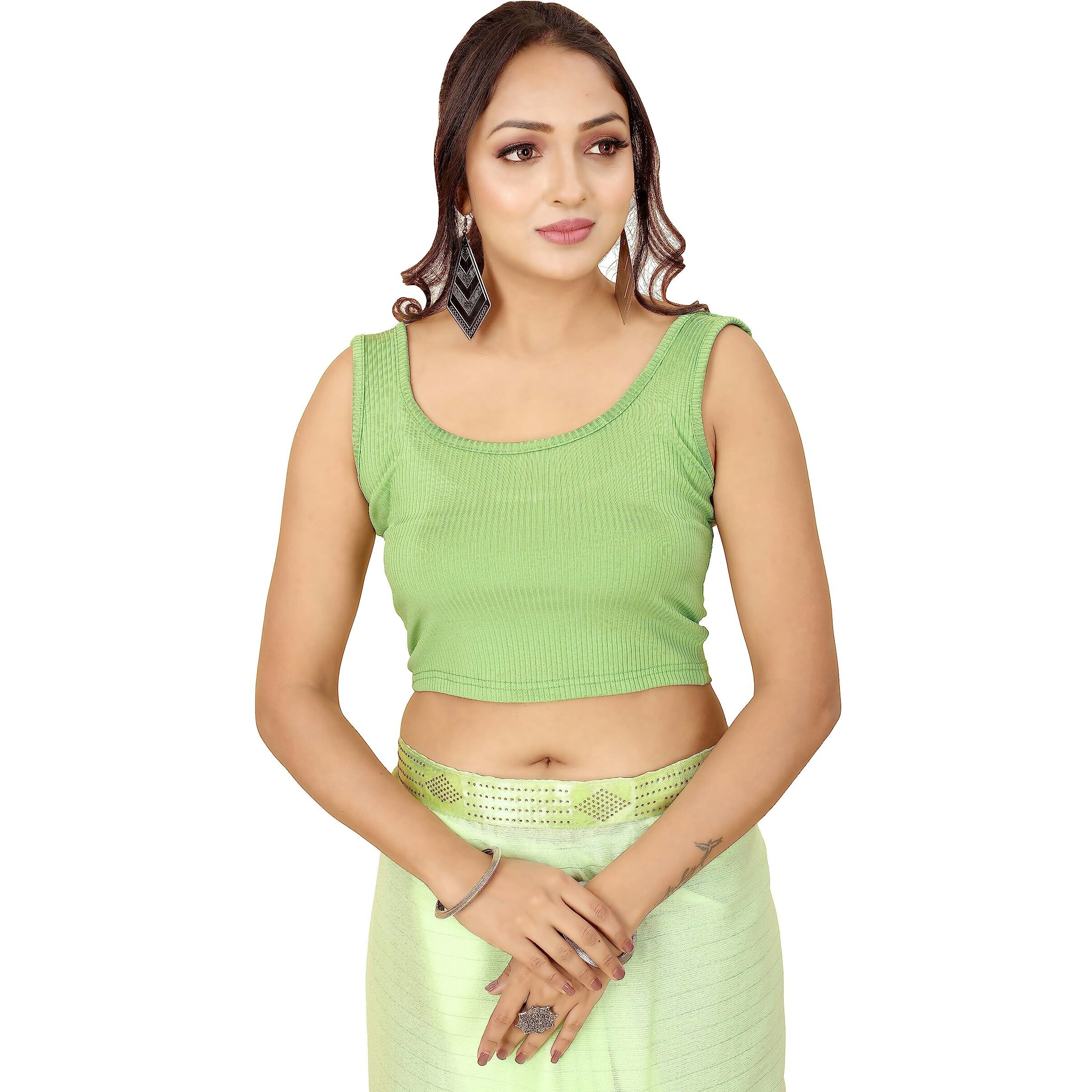 Shasmi Women's & Girls' Solid Ribbed Square Neck Collarless Sleeveless Slim Fit Simplicity Blouse For Women (Blouse 36 Pista Green L)