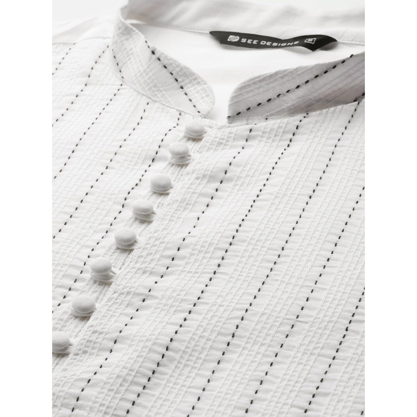 See Designs Men's Long Sleeve White Thread Worked Pure Cotton Straight Kurta With Pyjama - Sddkt252601L