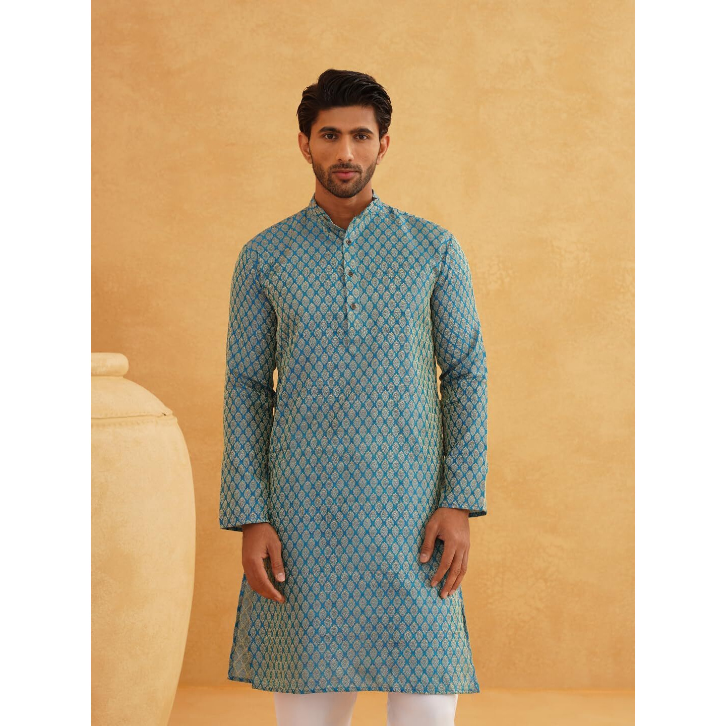 Sojanya (Since 1958 Men's Silk Blend Self Design Peacock Blue Only Long Kurta