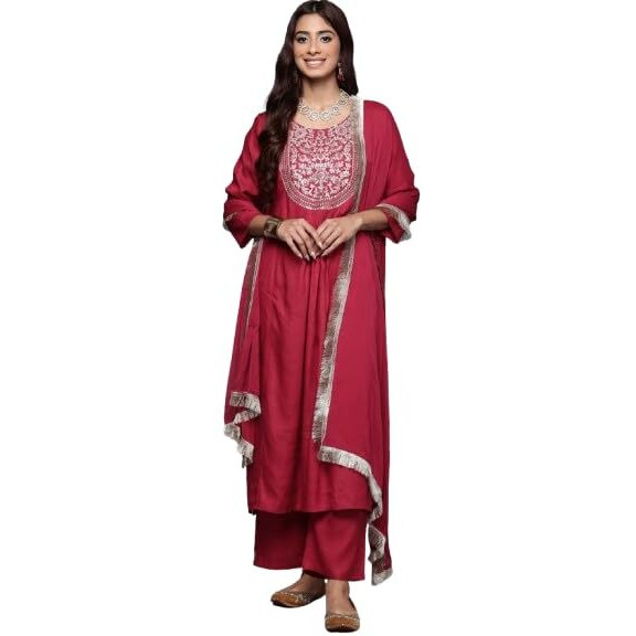 Varanga Women's Round Neck Embroidered Yoke With Gathered Detail Kurta Paired With Bottom & Dupatta