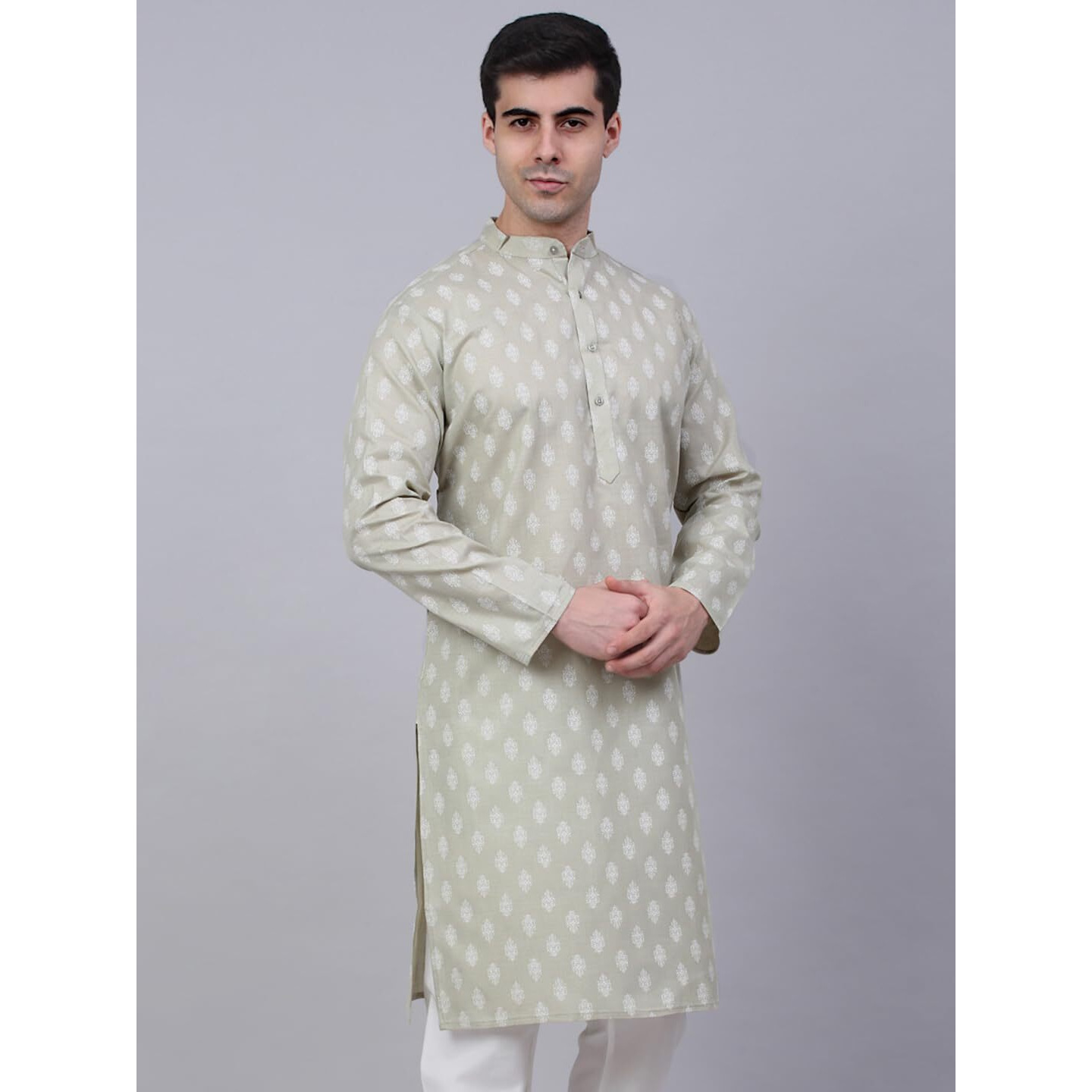 Jompers Men's Cotton Floral Printed Kurtas (Grey, S)