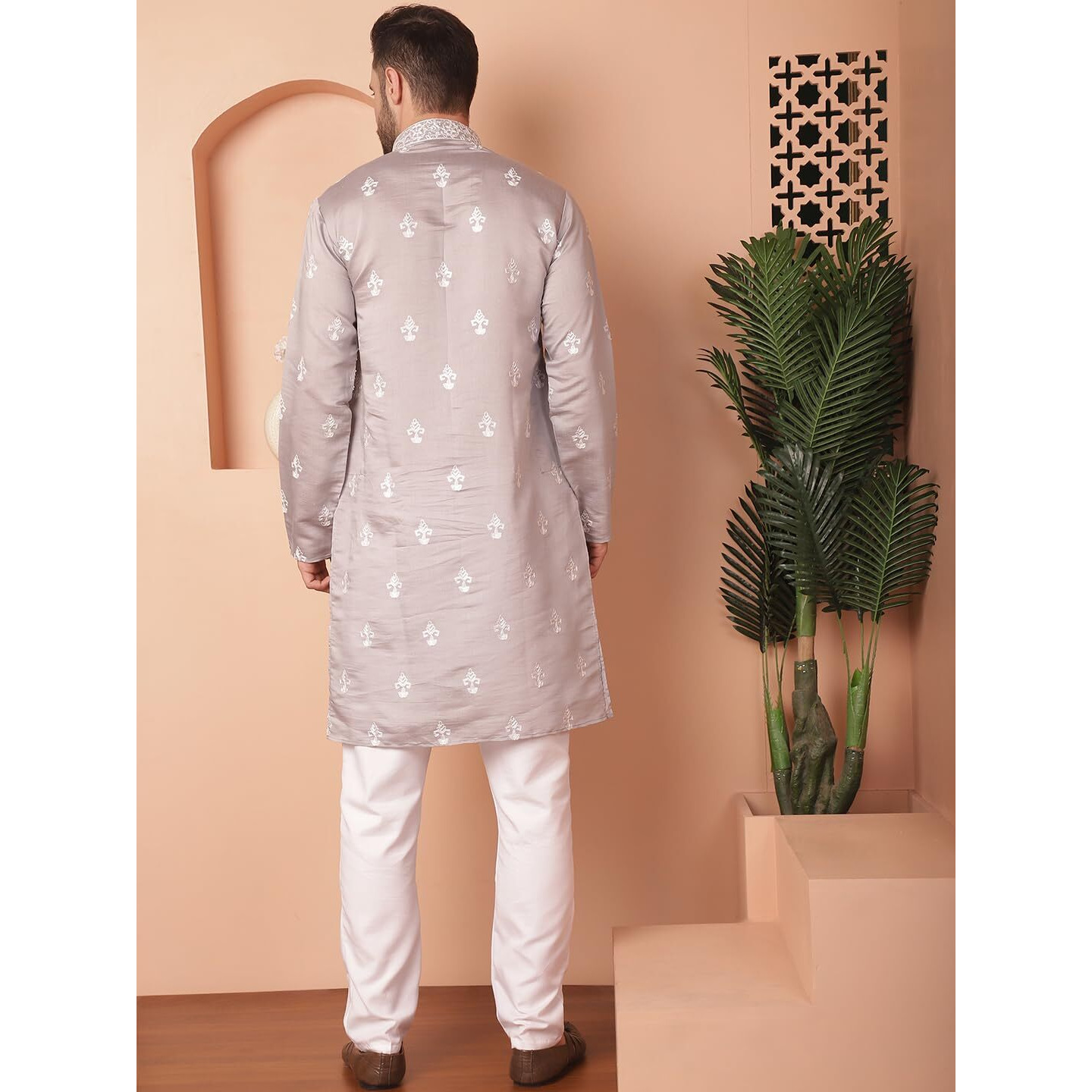 Jompers Men's Grey Chikankari Embroidered Kurta With Pyjama (Grey, Xxl)
