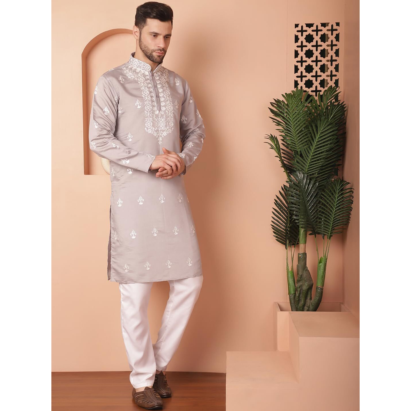 Jompers Men's Grey Chikankari Embroidered Kurta With Pyjama (Grey, Xxl)