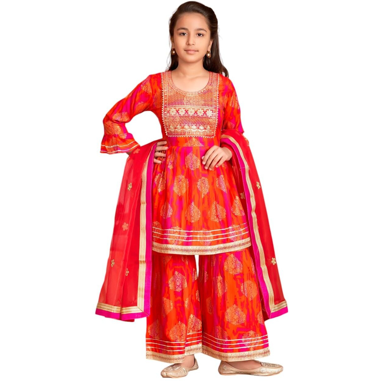 Aarika Girls Ethnic Wear Orange Colour Sequin Thread Embroidery Kurti Sharara Set-(5-15 Years)-(Sh-Tr-K-1077-Orange-24)