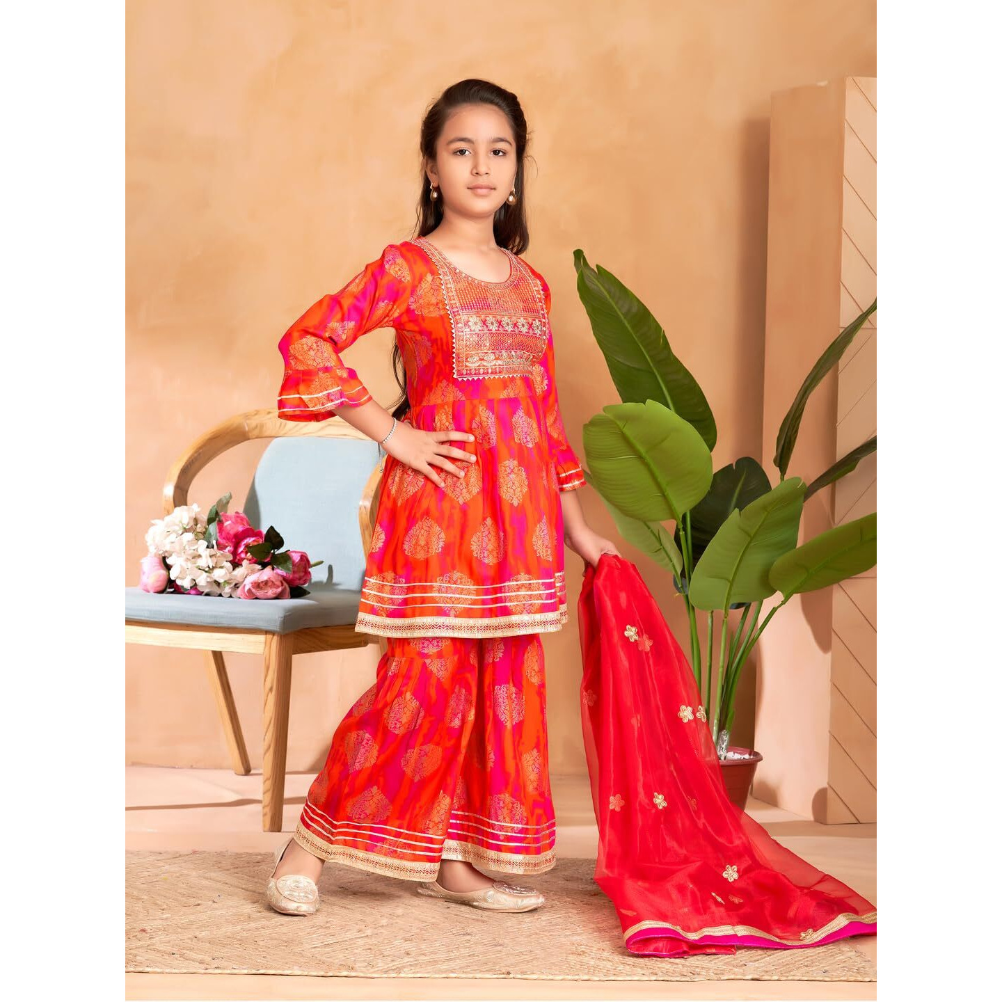 Aarika Girls Ethnic Wear Orange Colour Sequin Thread Embroidery Kurti Sharara Set-(5-15 Years)-(Sh-Tr-K-1077-Orange-24)