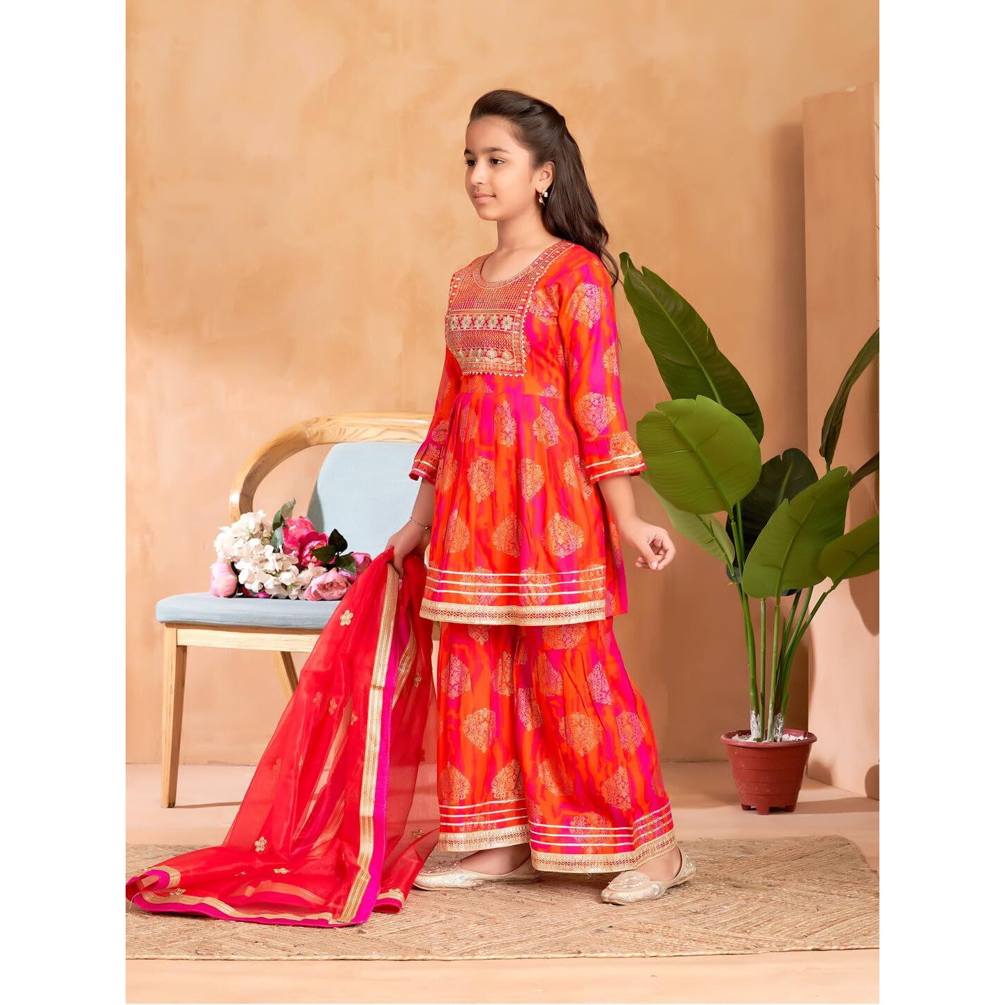 Aarika Girls Ethnic Wear Orange Colour Sequin Thread Embroidery Kurti Sharara Set-(5-15 Years)-(Sh-Tr-K-1077-Orange-24)
