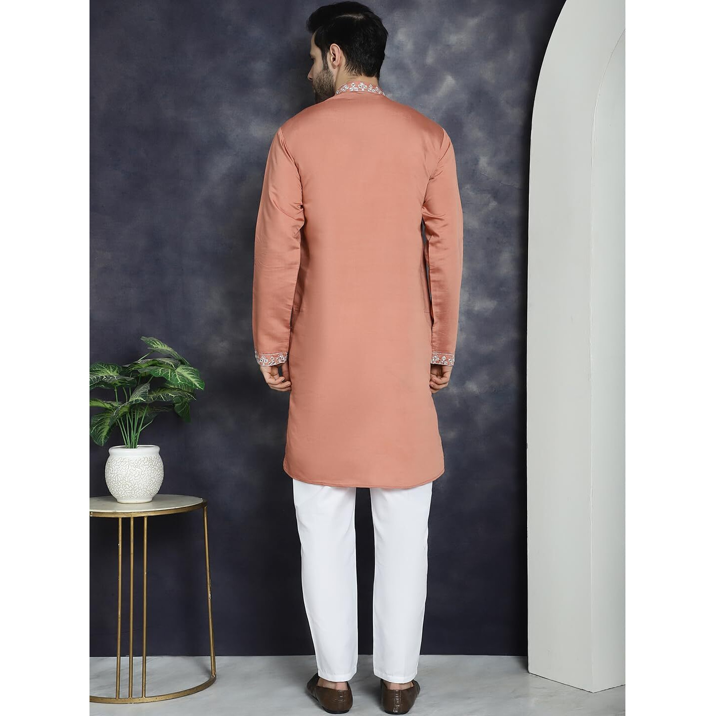 Jompers Men's Peach Embroidered Kurta With Pyjama. (Peach, Xl)