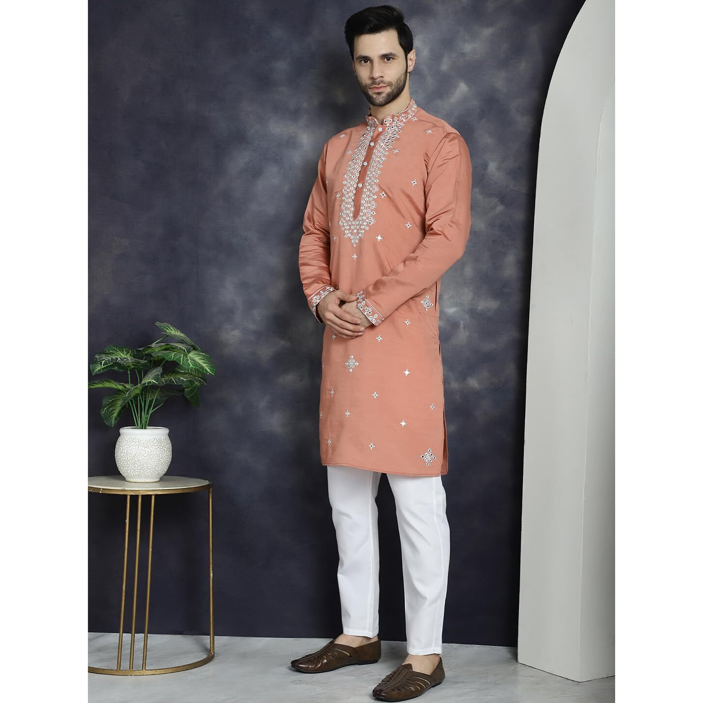 Jompers Men's Peach Embroidered Kurta With Pyjama. (Peach, Xl)