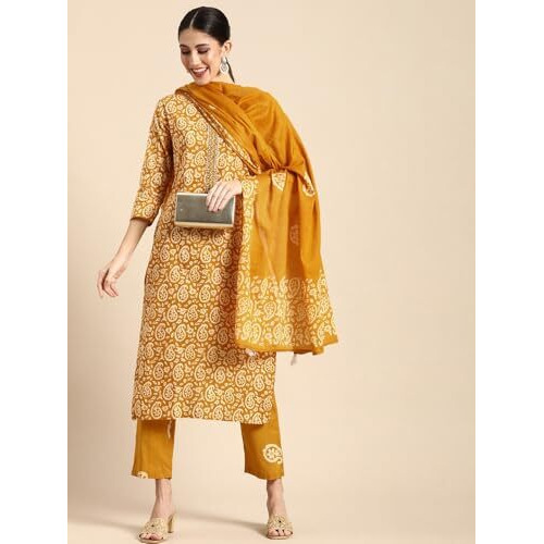 Alvami Women's Viscose Printed Straight Kurta And Pant Set With Dupatta (Cheni_Yellow_Al_L)