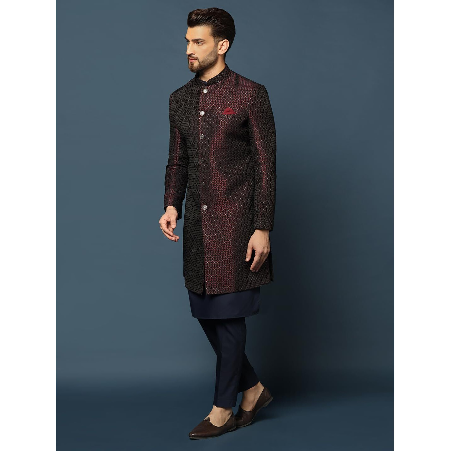 Kisah Men's Maroon And Navy Blue Indo-Western Kurta Sherwani Trousers Set Cotton Full Sleaves, Knee Length, Straight, Regular Fit, Mandarin Collar Ethnic Wear