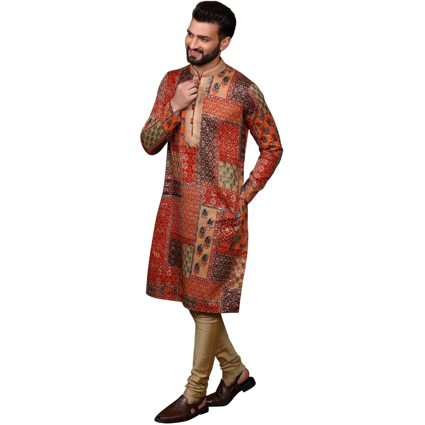 Kisah Men's Regular Fit Printed Cotton Blend Multi-Beige Kurta Churidar Set|42