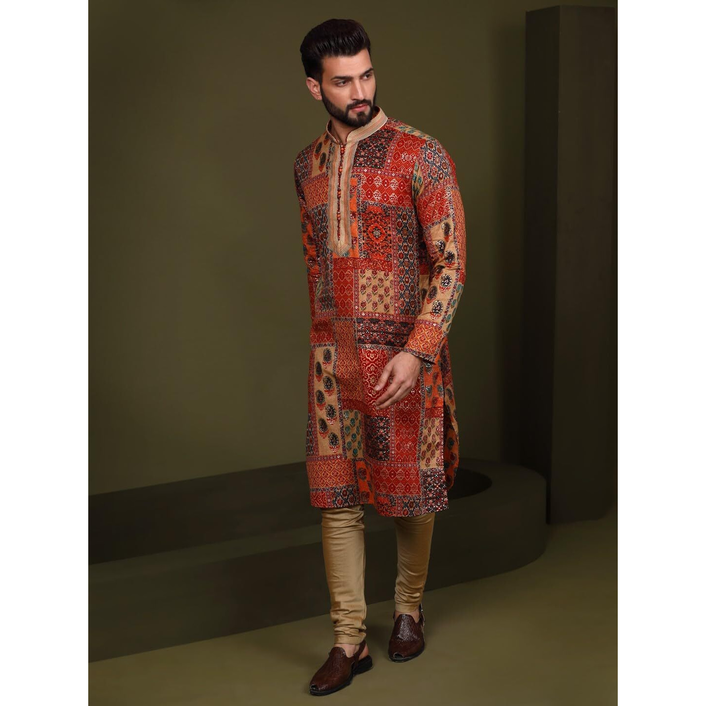 Kisah Men's Regular Fit Printed Cotton Blend Multi-Beige Kurta Churidar Set|42