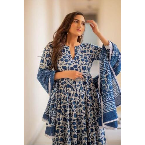 Flosive Blue Rayon Cotton Anarkali Kurti Set (In, Alpha, M, Regular, Standard, Blue)