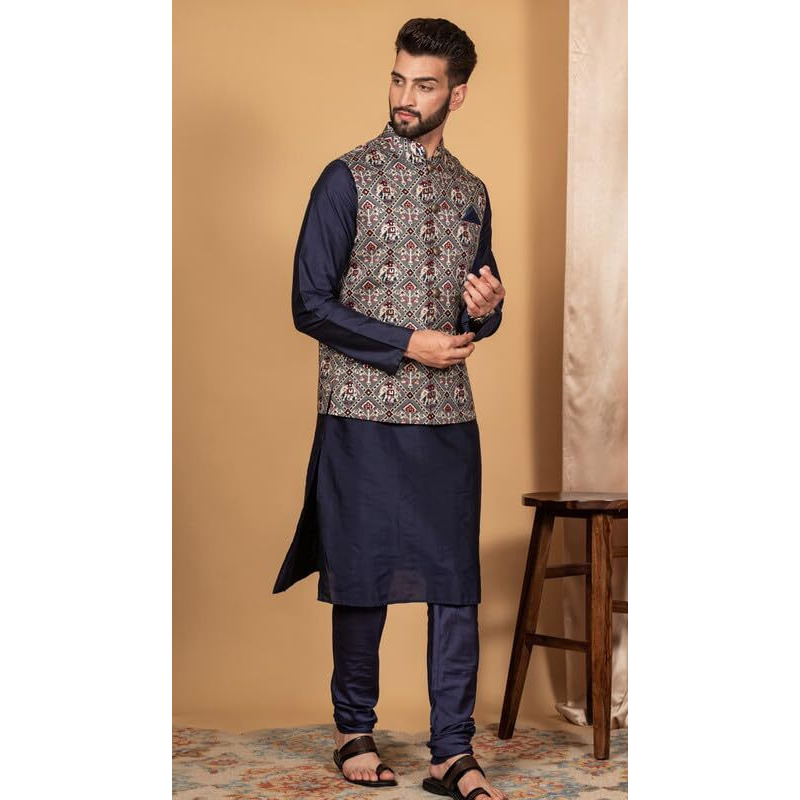 Kisah Men's Kurta Jacket Churidar Set, Grey Cotton Blend, Printed Regular Fit Mandarin Collar Long Sleeves (40)